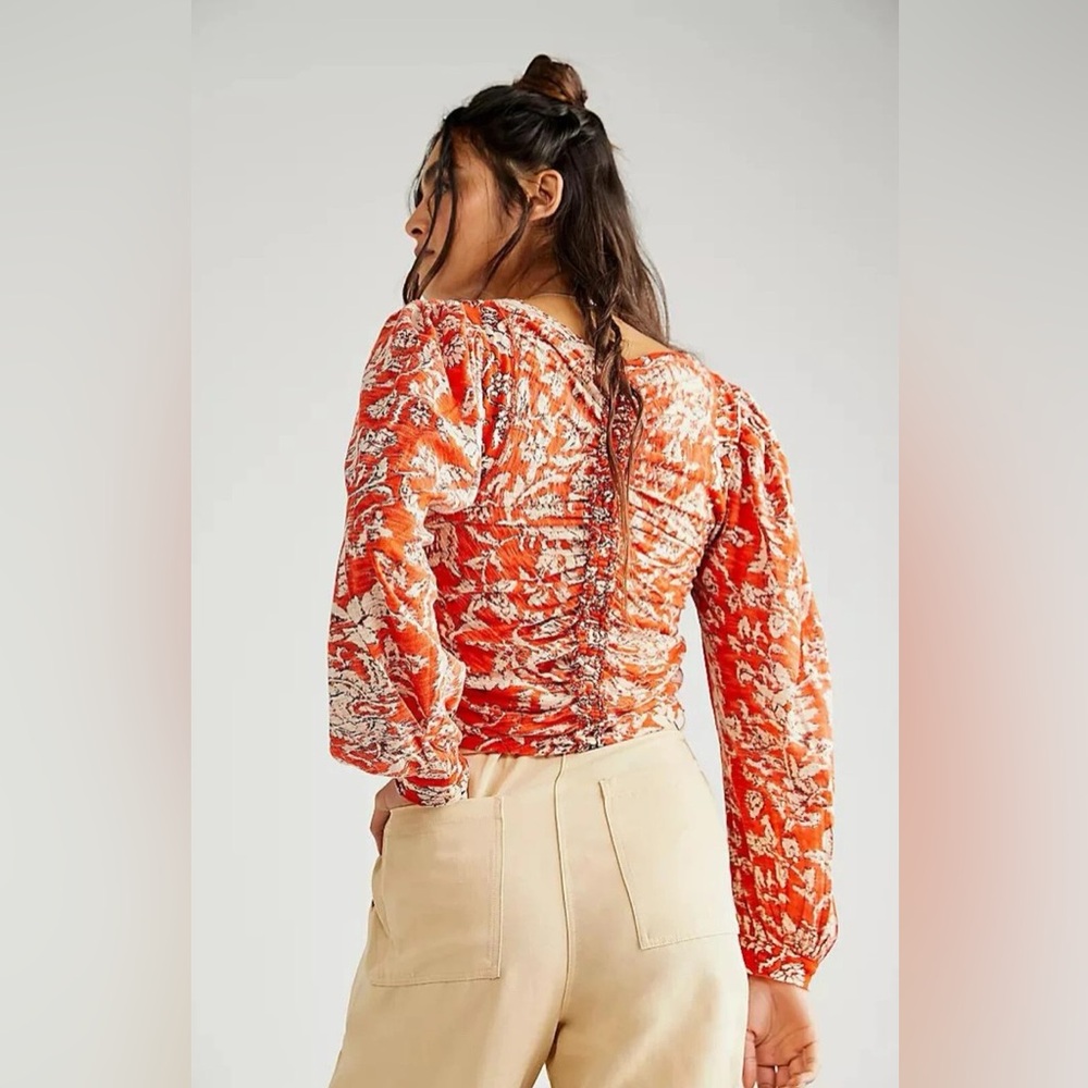 Free People Say The Word Ruched Floral Print Ruby Red Bubble Sleeve Top Size XS